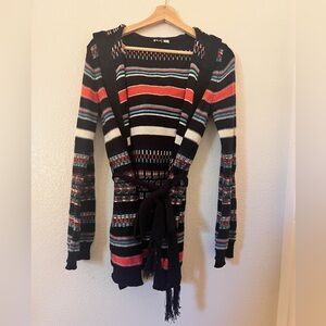 Roxy Ladies Medium Navy Multicolor Striped Hooded Cardigan Fringed Belt Duster‎